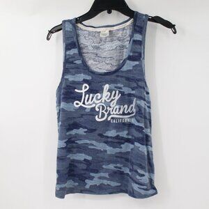 Lucky Brand Tank Top Women’s Medium Blue Camo Cotton Scoop Neck casual tee shirt